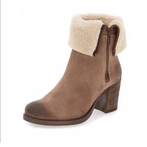 Shearling Cuff Taupe Heeled Ankle Boot